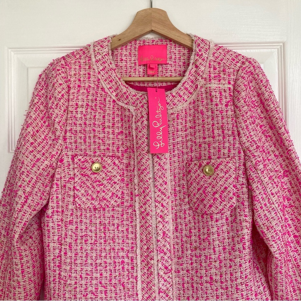 NWT Lilly Pulitzer Dashielle Tweed Jacket in Pink Palms Fantasy Tweed, Size 0 - Picture 7 of 16